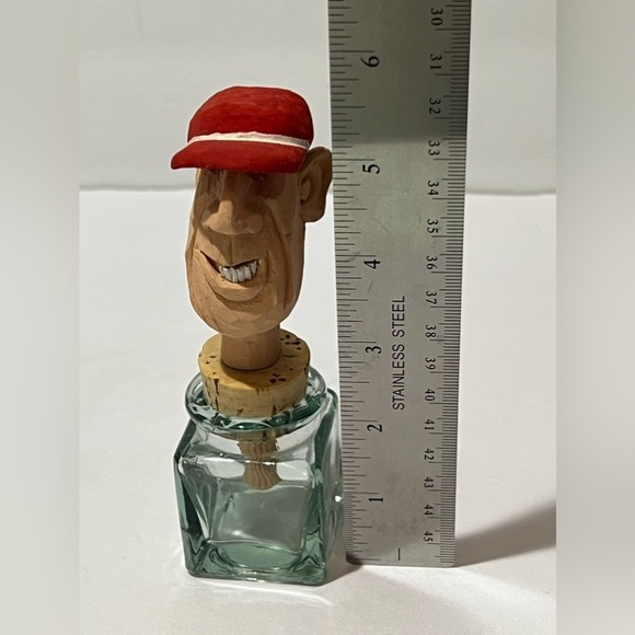 Vintage Craved Wood Bottle Cork Topper Signed 1998 Mini Square Glass Baseball Ca - Picture 10 of 10
